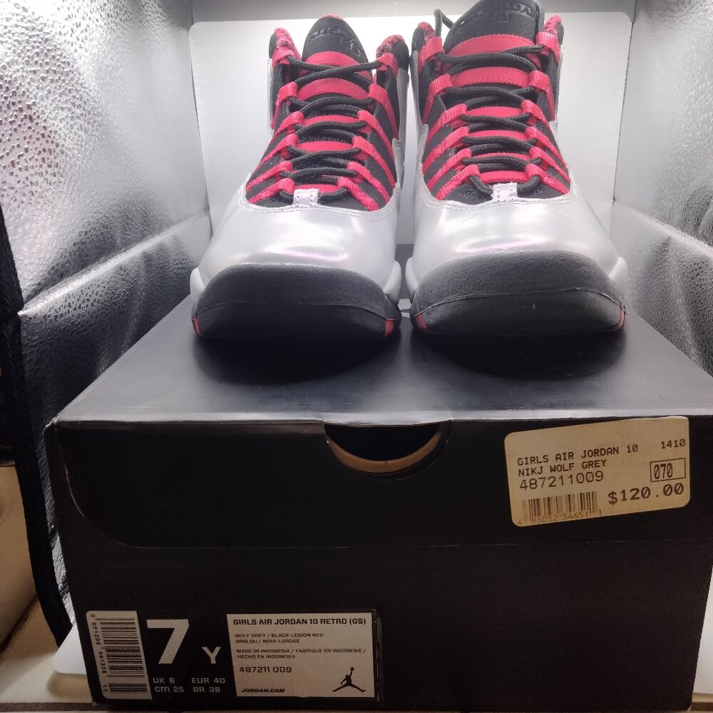 Nike Girls Air Jordan 10 Retro (GS) 487211-009 Grey Black Red *READ FLAW* NIB 7Y